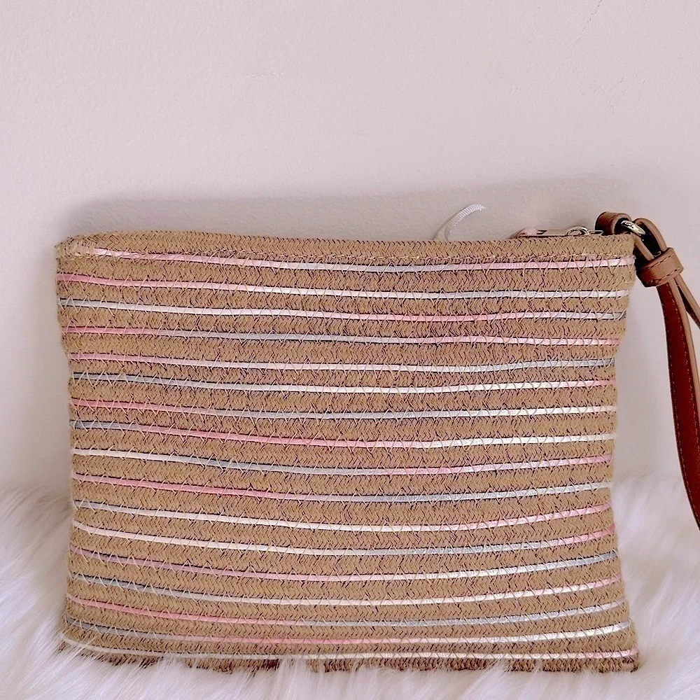 Woven Rattan Clutch Purse/Jewelry Bag with Pink and Blue Ribbon **Like New**